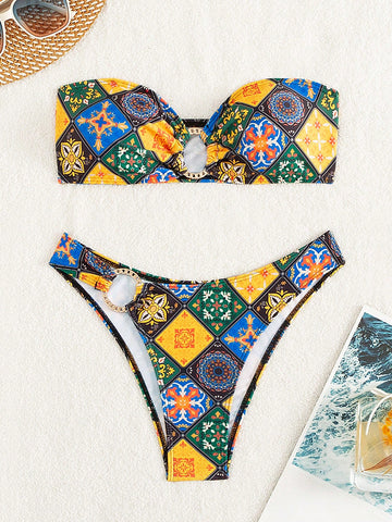 Patchwork Print Bandeau Swimsuit Set Carnival