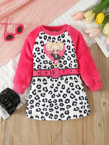 Baby Girls' Stylish Plush Patchwork Character Pattern Dress With Raglan Sleeve