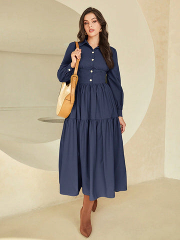 Lantern Sleeve Ruffle Hem Shirt Dress