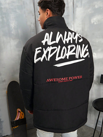 Men's Slogan Printed Long Sleeve Super Oversized Puffer Coat