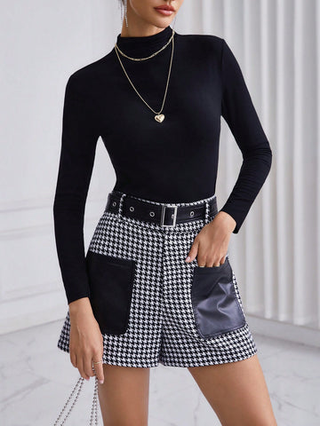 Women's Houndstooth Print Splicing Pu Leather Pocket Belted Shorts