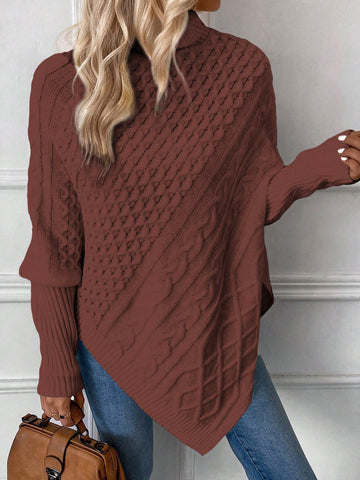 High Neck Batwing Sleeve Asymmetrical Hem Sweater