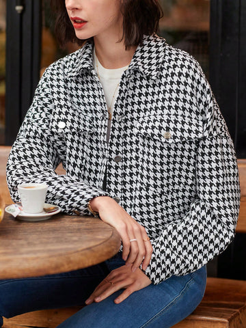 Women's Houndstooth Pattern Flip Pocket Jacket