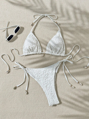 Solid Color Triangle Cup Halter Neck Tie Bikini Set