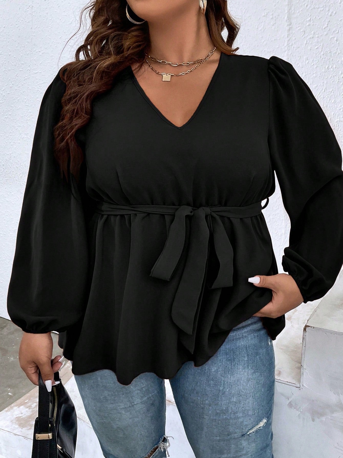 Plus Lantern Sleeve Belted Blouse