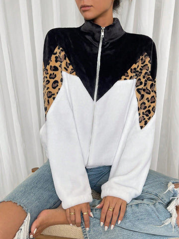 Leopard Print Zipper Corduroy Jacket