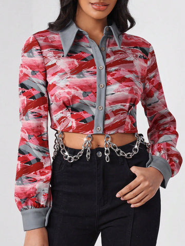 Camo Print Drawstring Hem Crop Shirt  With Chains