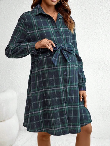 Maternity Plaid Belted Dress