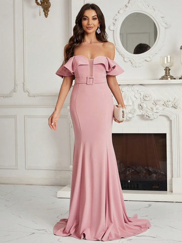 Off Shoulder Ruffle Detail Belted Mermaid Hem Women's Evening Gown