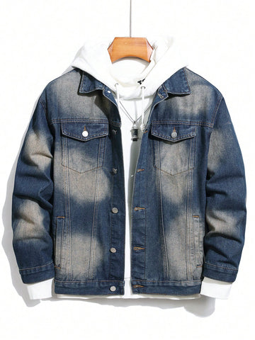 Loose-Fit Men's Water Washed Denim Jacket With Flap Pockets Without Hood