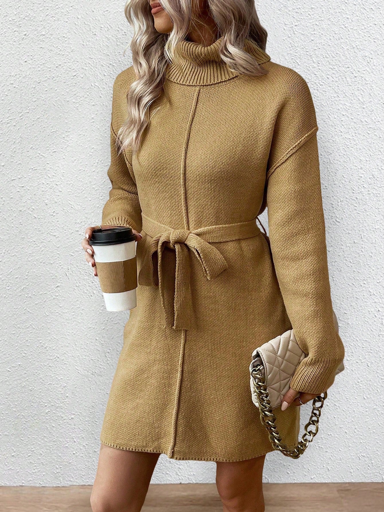 Elegant Women's High Neck Belted Knitted Dress