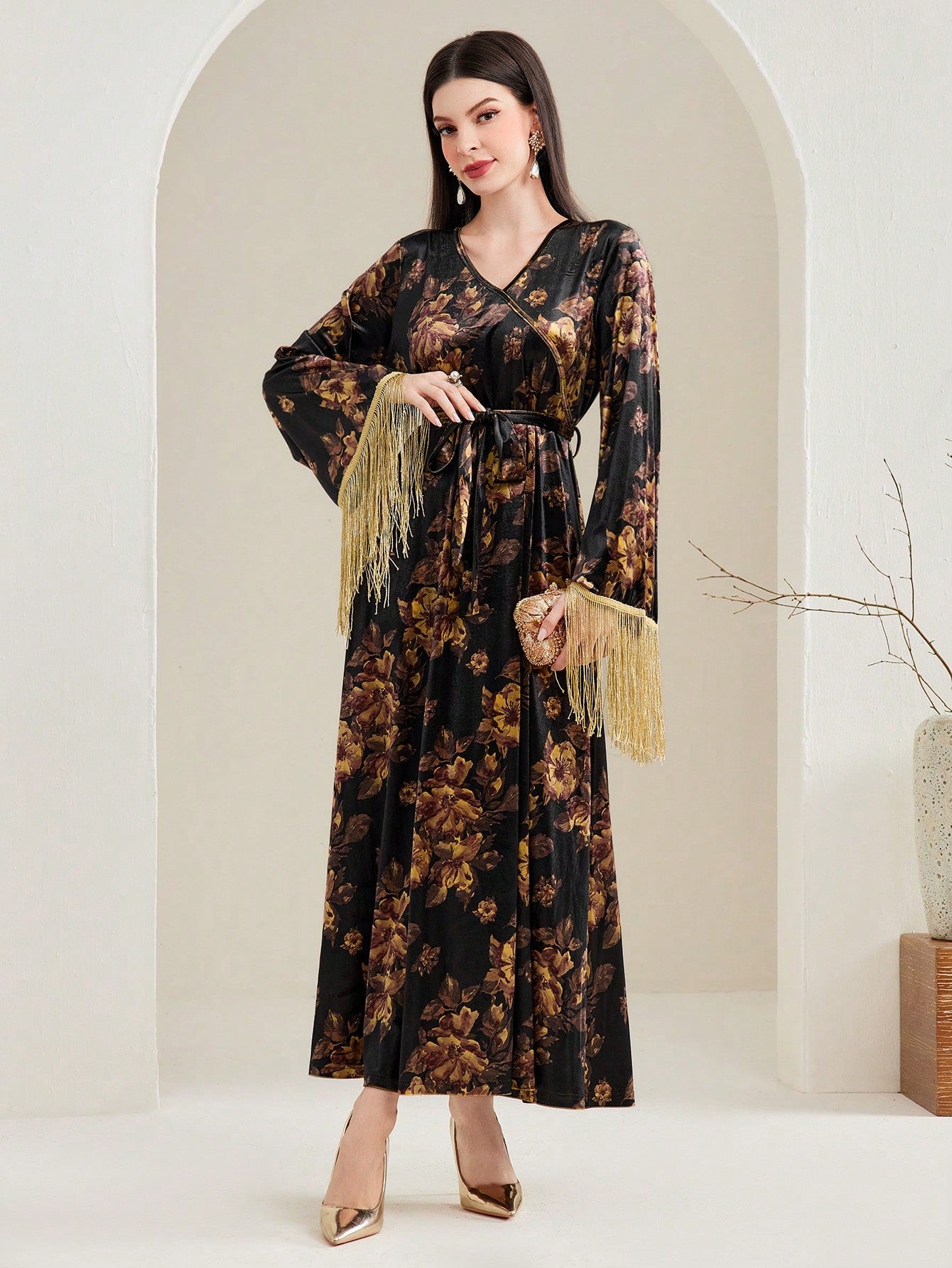 Floral Printed Belted Dress With Tassel Detailing, Arabic Style