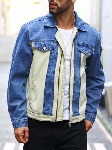 Men's Color Block Flap Detail Denim Jacket