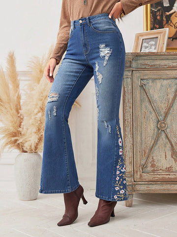 Floral Embroidery Ripped Flare Leg Jeans