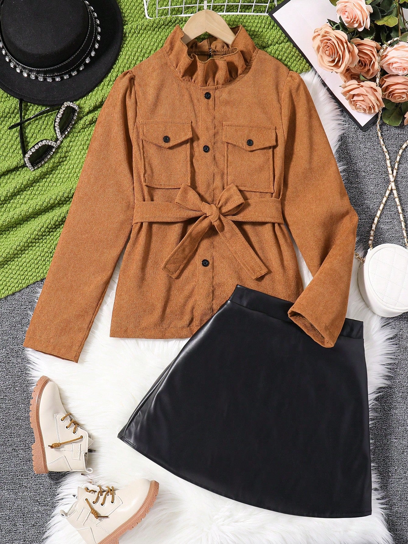 Tween Girl Flap Pocket Belted Corduroy Shirt & PU Leather Skirt