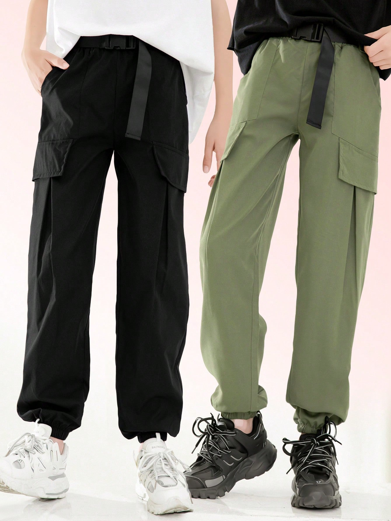 Tween Girl 2pcs Solid Flap Pocket Side Push Buckle Belted Pants