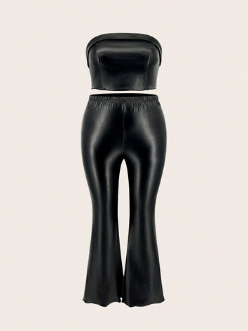 Plus PU Leather Tube Top & Flare Leg Pants