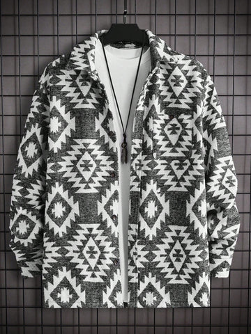 Loose Fit Men's Geometric Print Overcoat