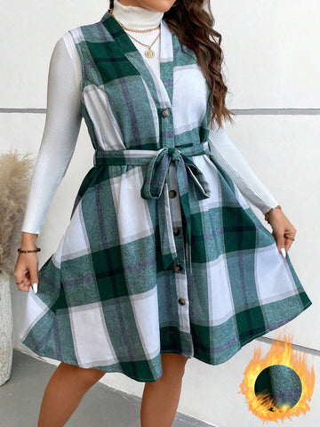 Women's Plus Size Plaid Print Belted Dress