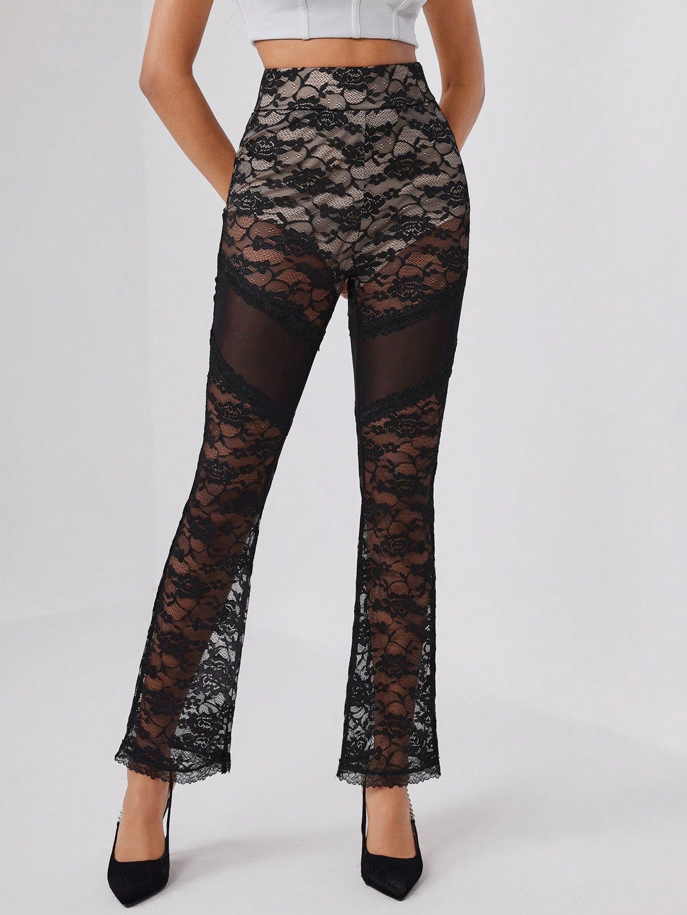 High Waist Lace Flare Leg Pants