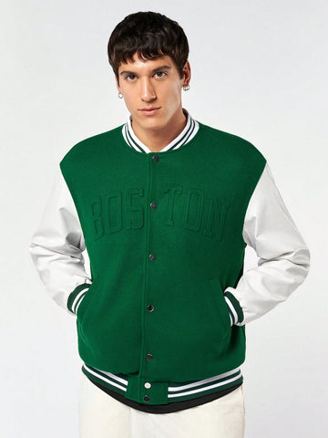 Men Letter Embossed Baseball Jacket