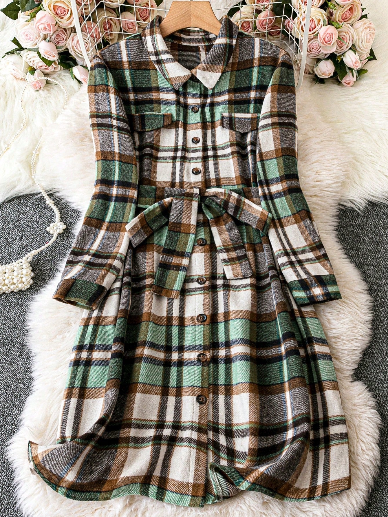 Plus Size Plaid Buttoned Belted Dress