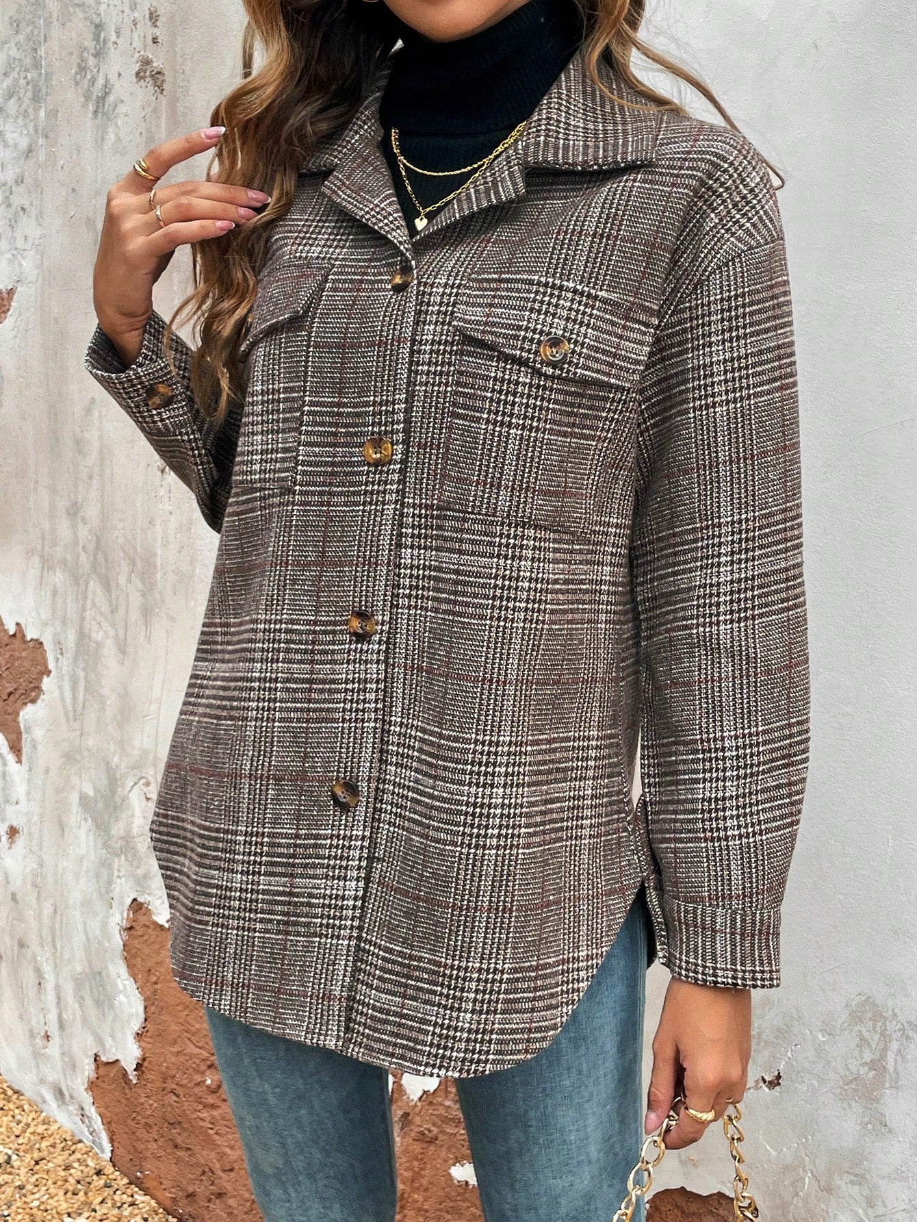 Women's Plaid Lapel Collar Flap Pocket Woolen Coat