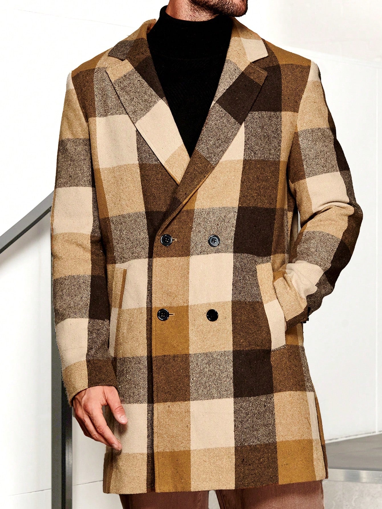 Men Plaid Double Breasted Oversize Overcoat