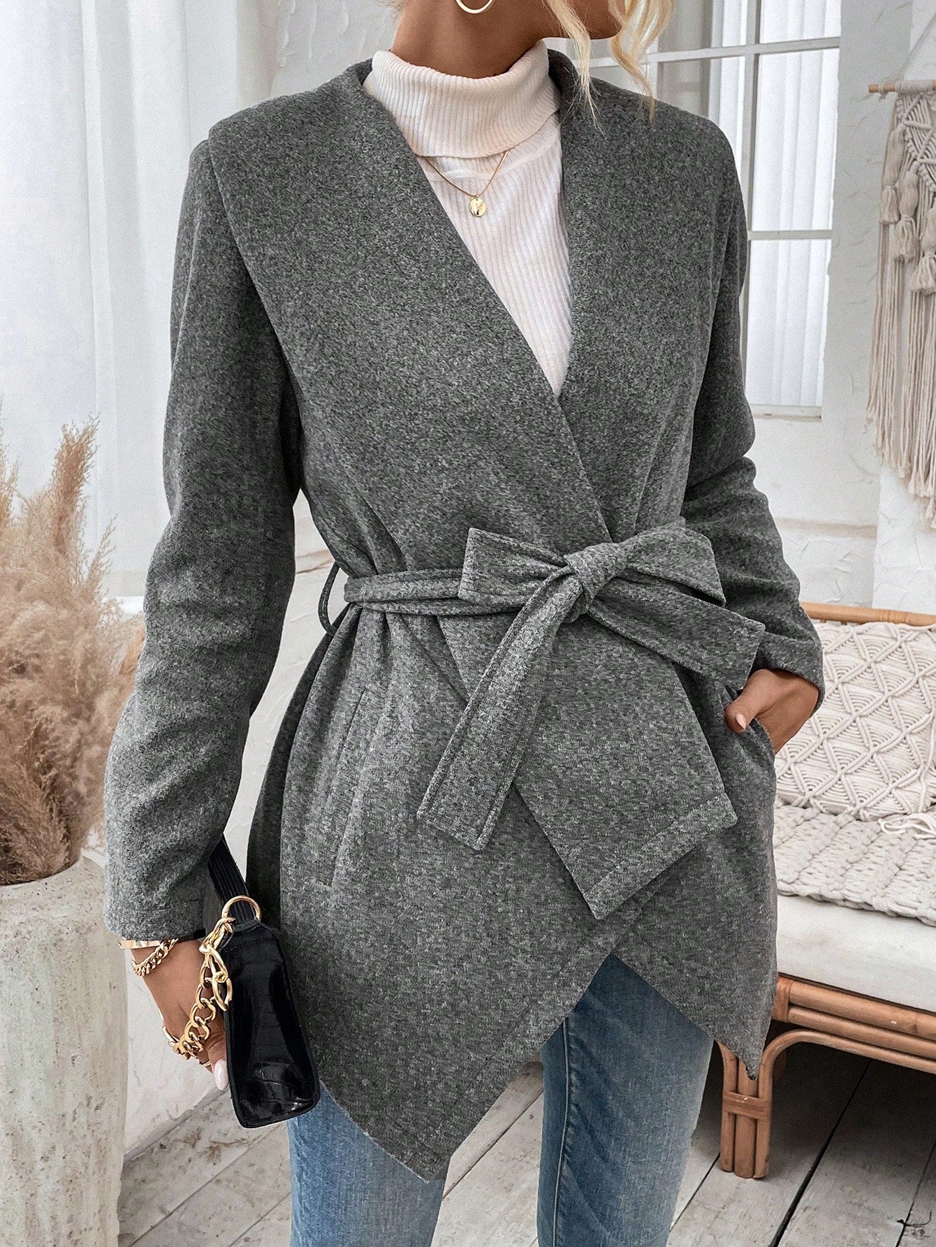 Waterfall Collar Asymmetrical Hem Belted Overcoat