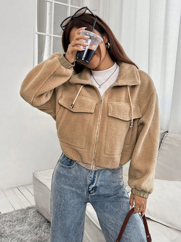 Flap Pocket Drop Shoulder Drawstring Teddy Jacket