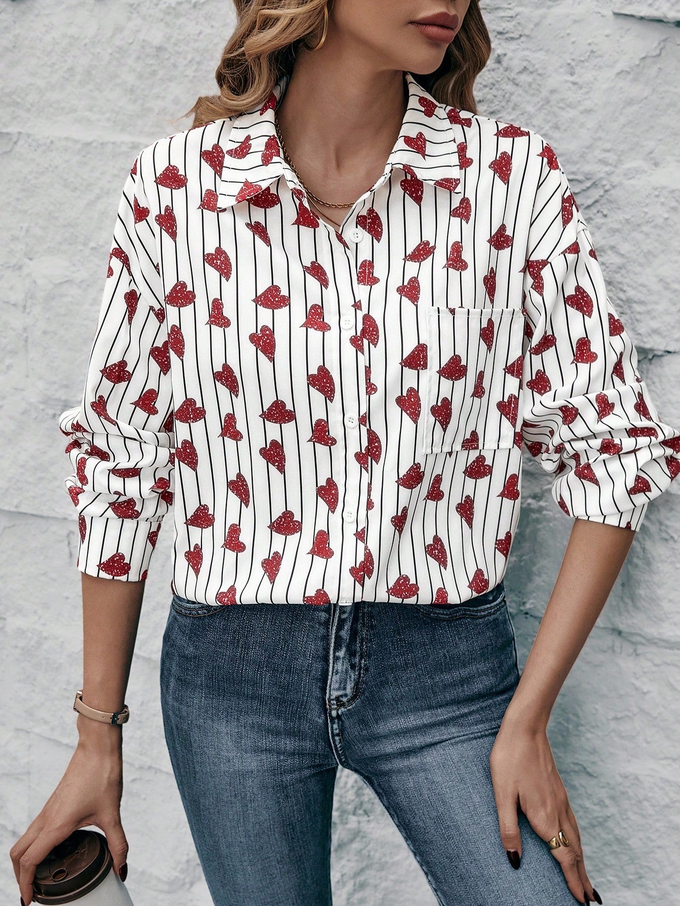 Striped & Heart Print Drop Shoulder Shirt