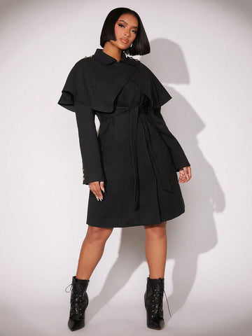 New Year Women'S Black Woolen Cape Coat Reaching Up To The Knee