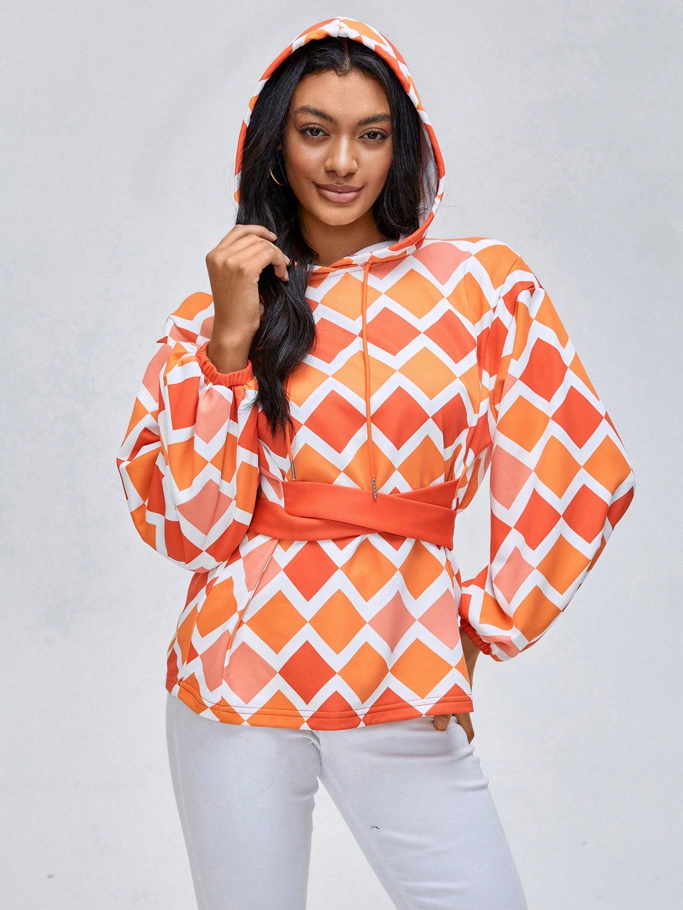 Argyle Print Drop Shoulder Drawstring Hoodie