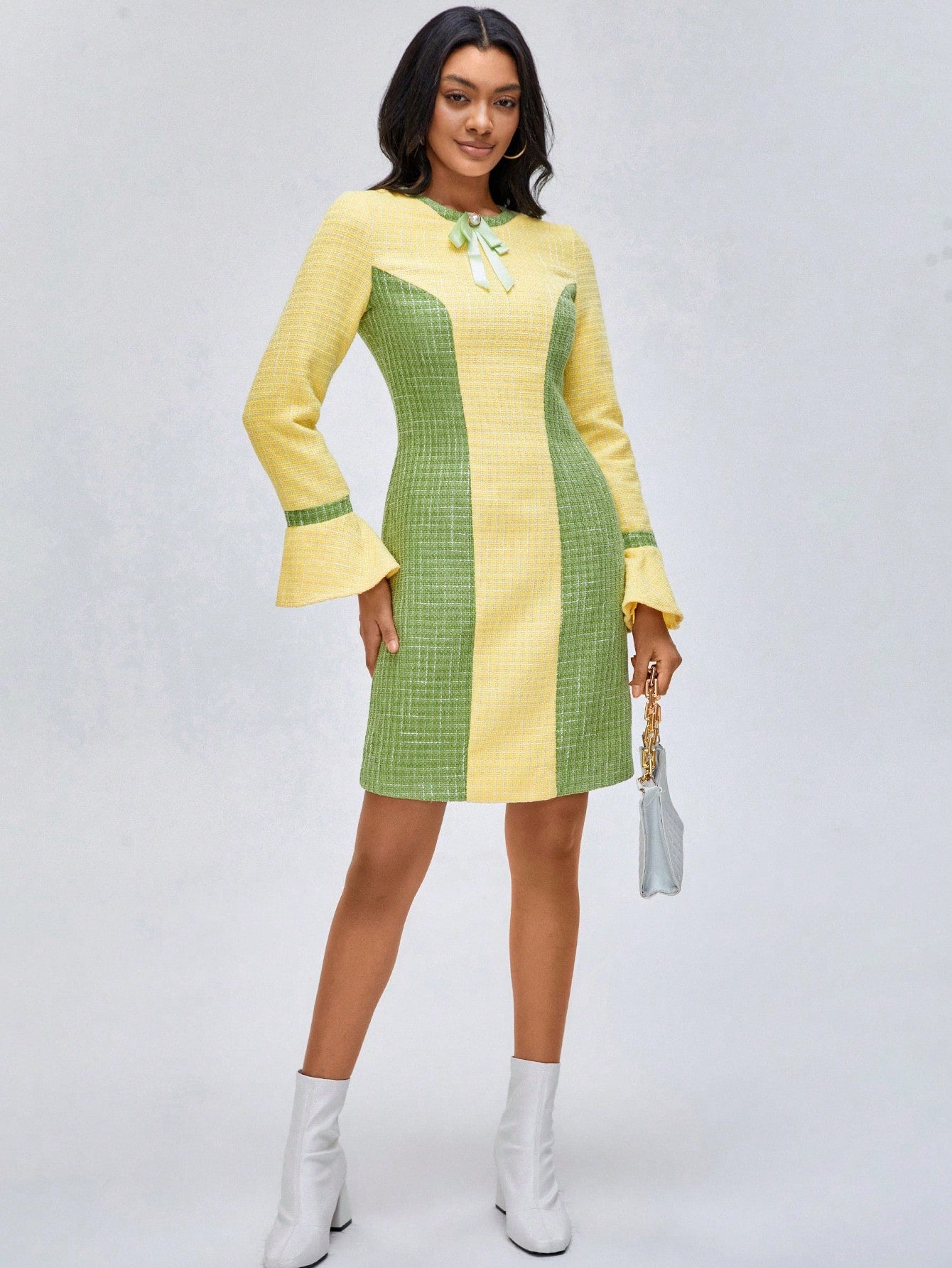 Colorblock Flare Sleeve Tweed Dress