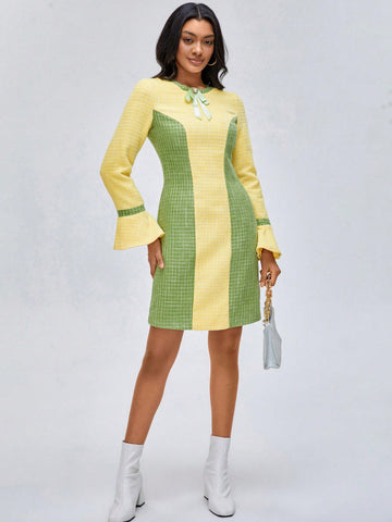 Colorblock Flare Sleeve Tweed Dress