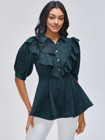 Jacquard Ruffle Trim Puff Sleeve Peplum Blouse