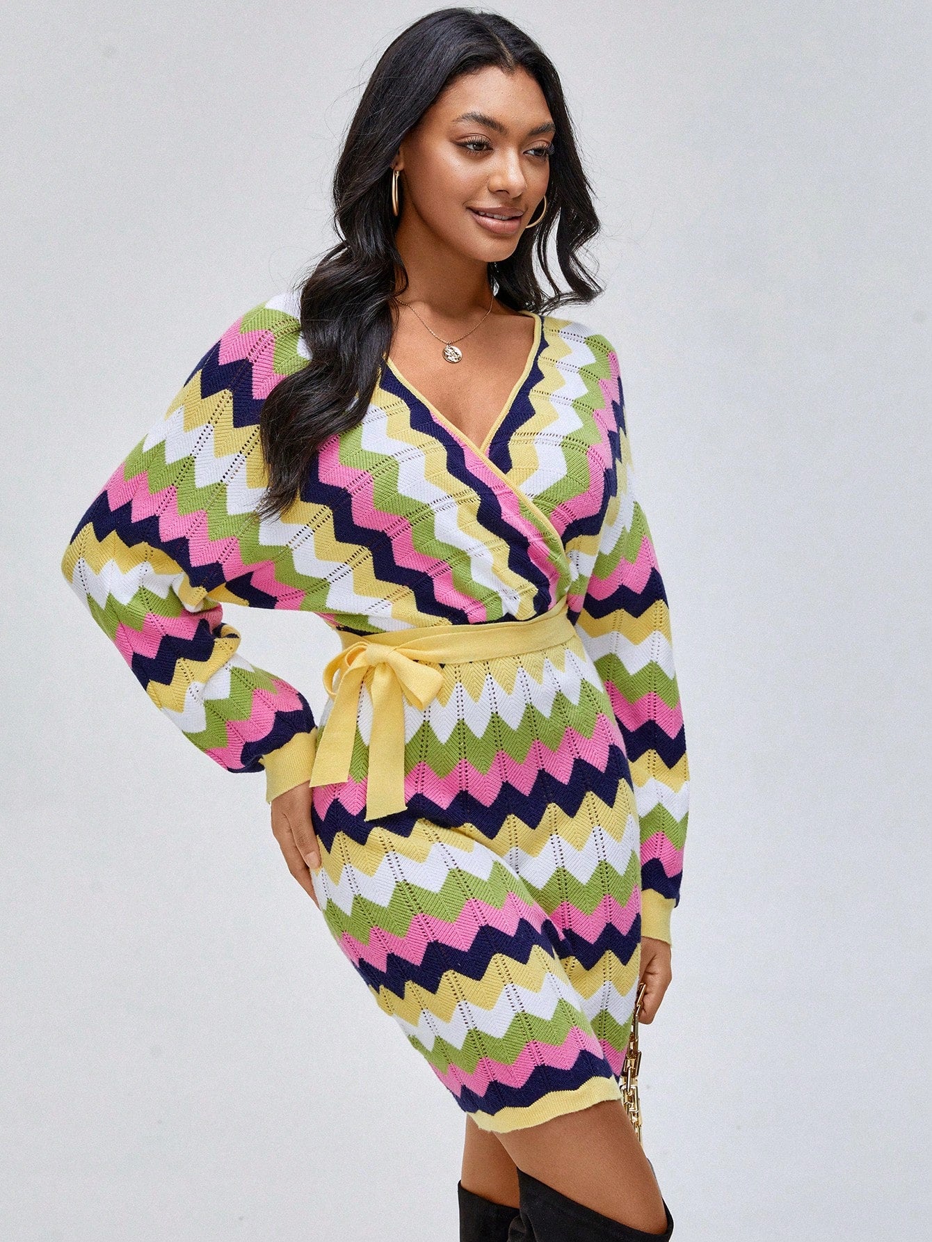 Chevron Pattern Belted Wrap Sweater Dress