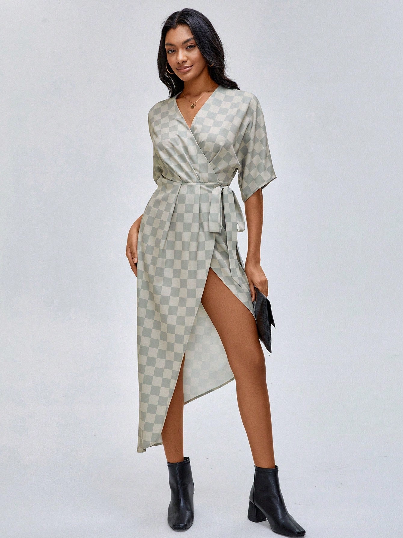 Plaid Print Wrap Knot Side Dress