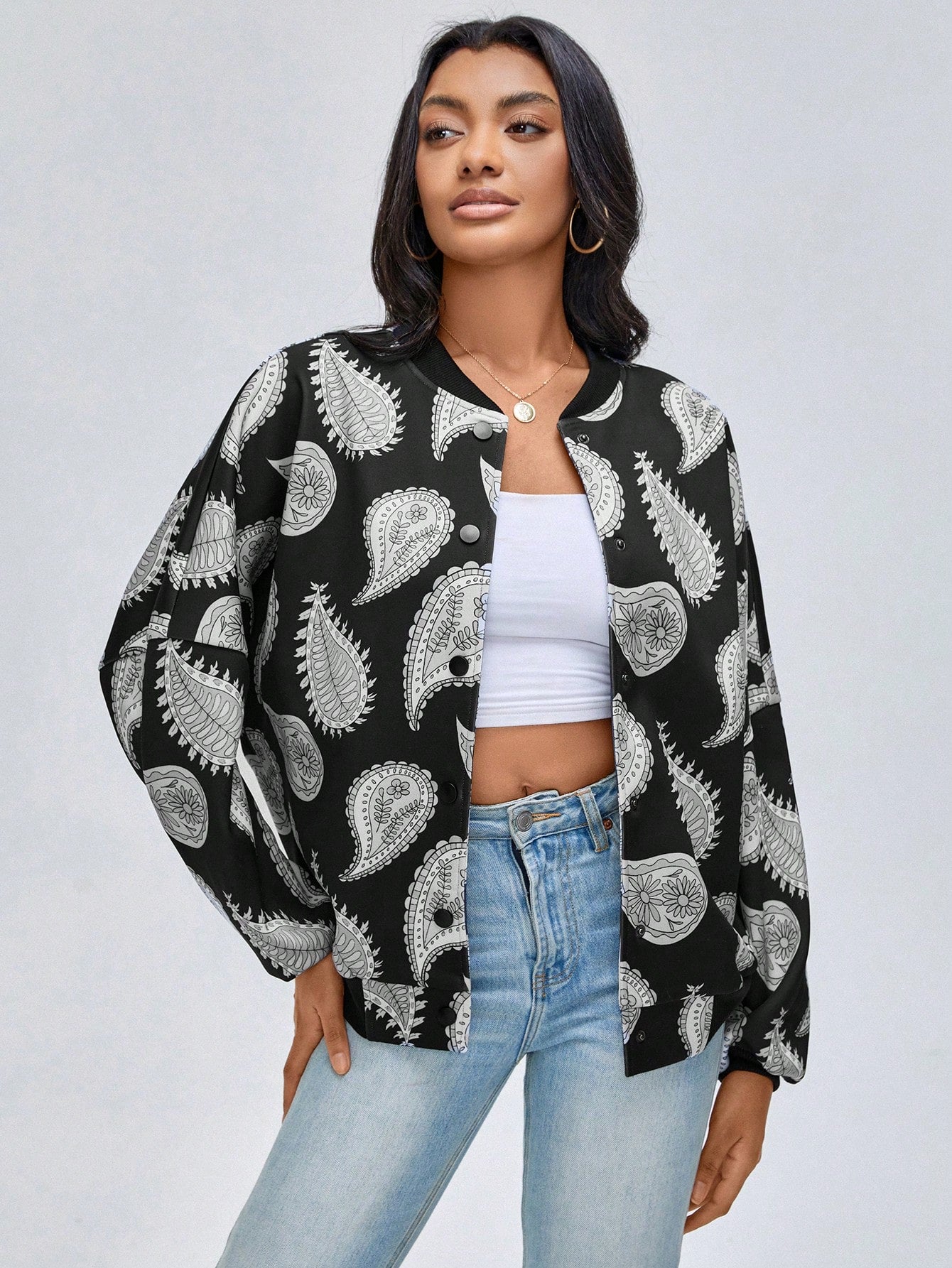 Leaf Print Drop Shoulder Bomber Jacket