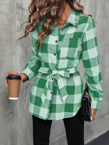 Random Plaid Printed Belted Shirt