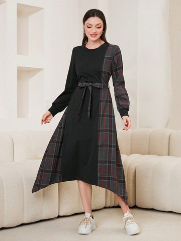 Patchwork Plaid Print Self-tie Belt Asymmetrical Hem Sweatshirt Dress