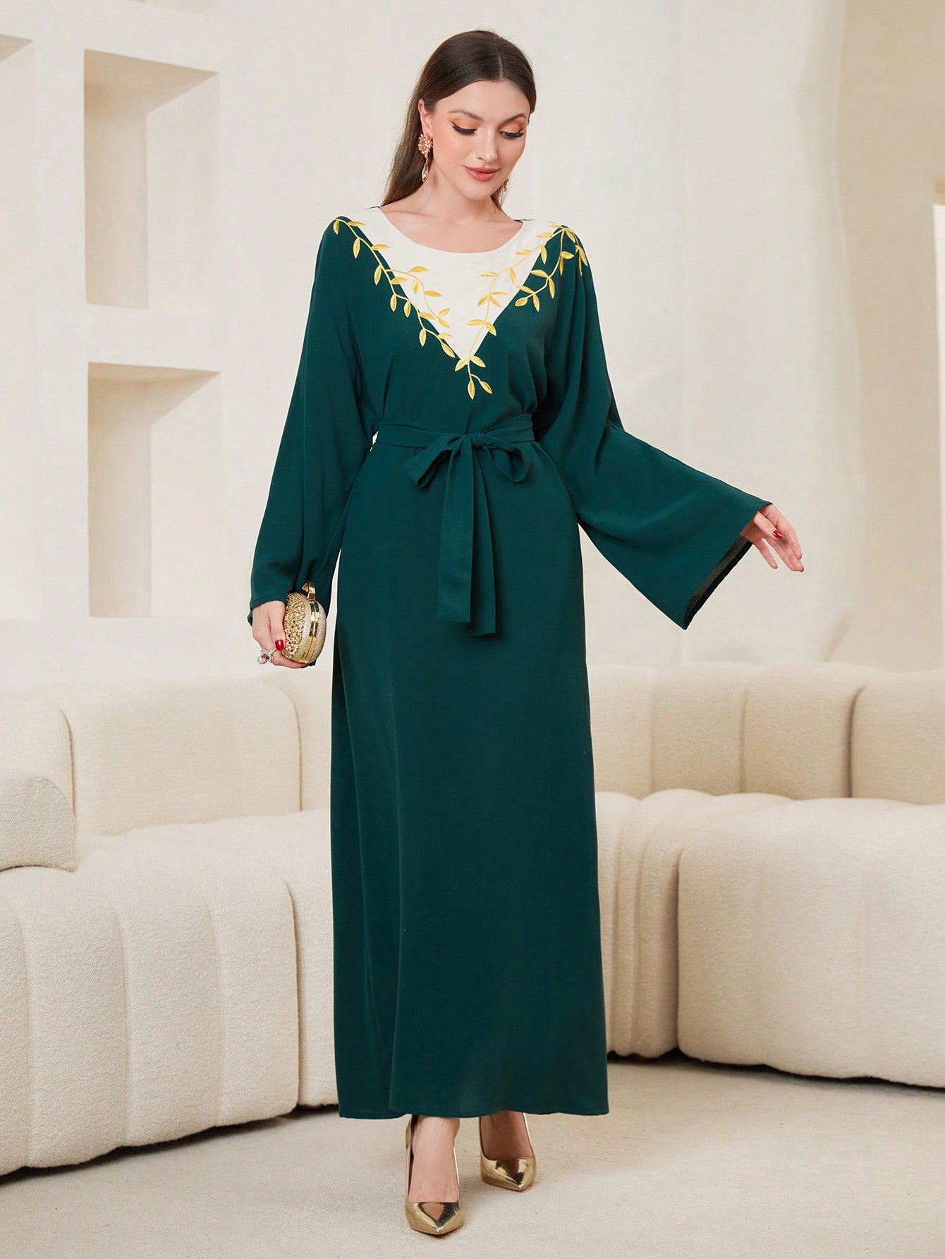 Botanical Embroidered Bell Sleeve Belt Dress