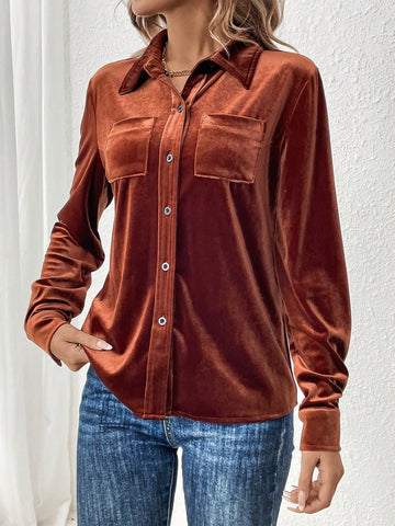 Women's Double Pocket Front Button Velvet Shirt