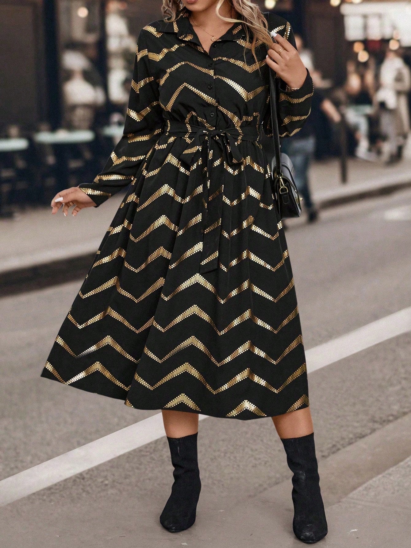 Plus Chevron Print Belted Shirt Dress