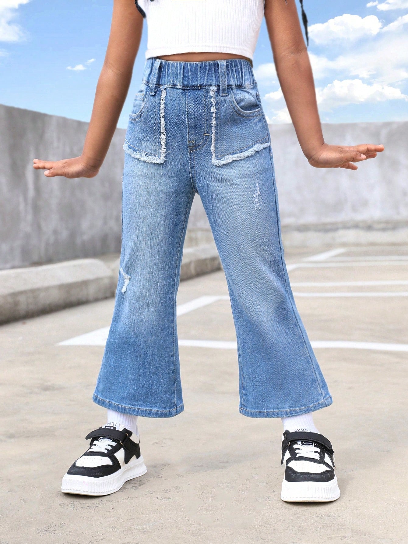 Young Girl Raw Trim Elastic Waist Flare Leg Jeans