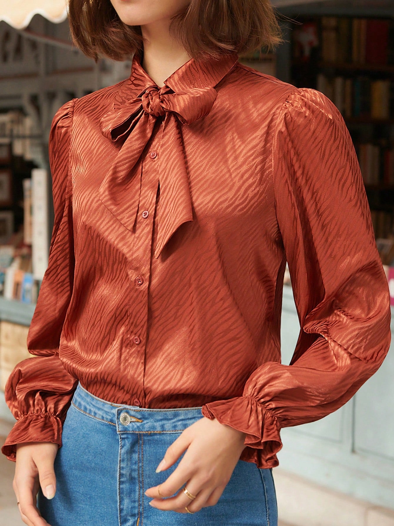 Tie Neck Flounce Sleeve Blouse