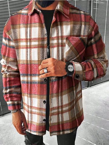 Men's Loose Fit Plaid Overcoat With Pockets