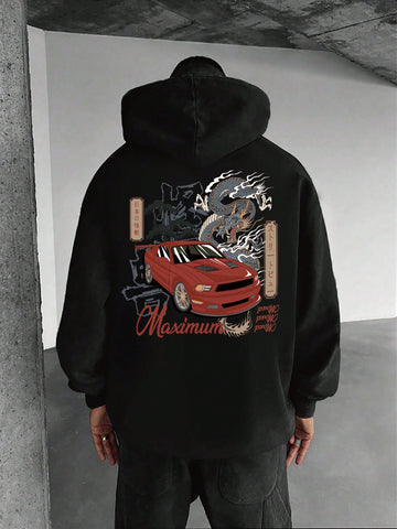 Men's Hooded Sweatshirt With Car And Letter Printed Pattern