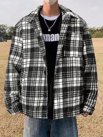 Loose-Fit Men's Plaid Printed Coat Without T-Shirt