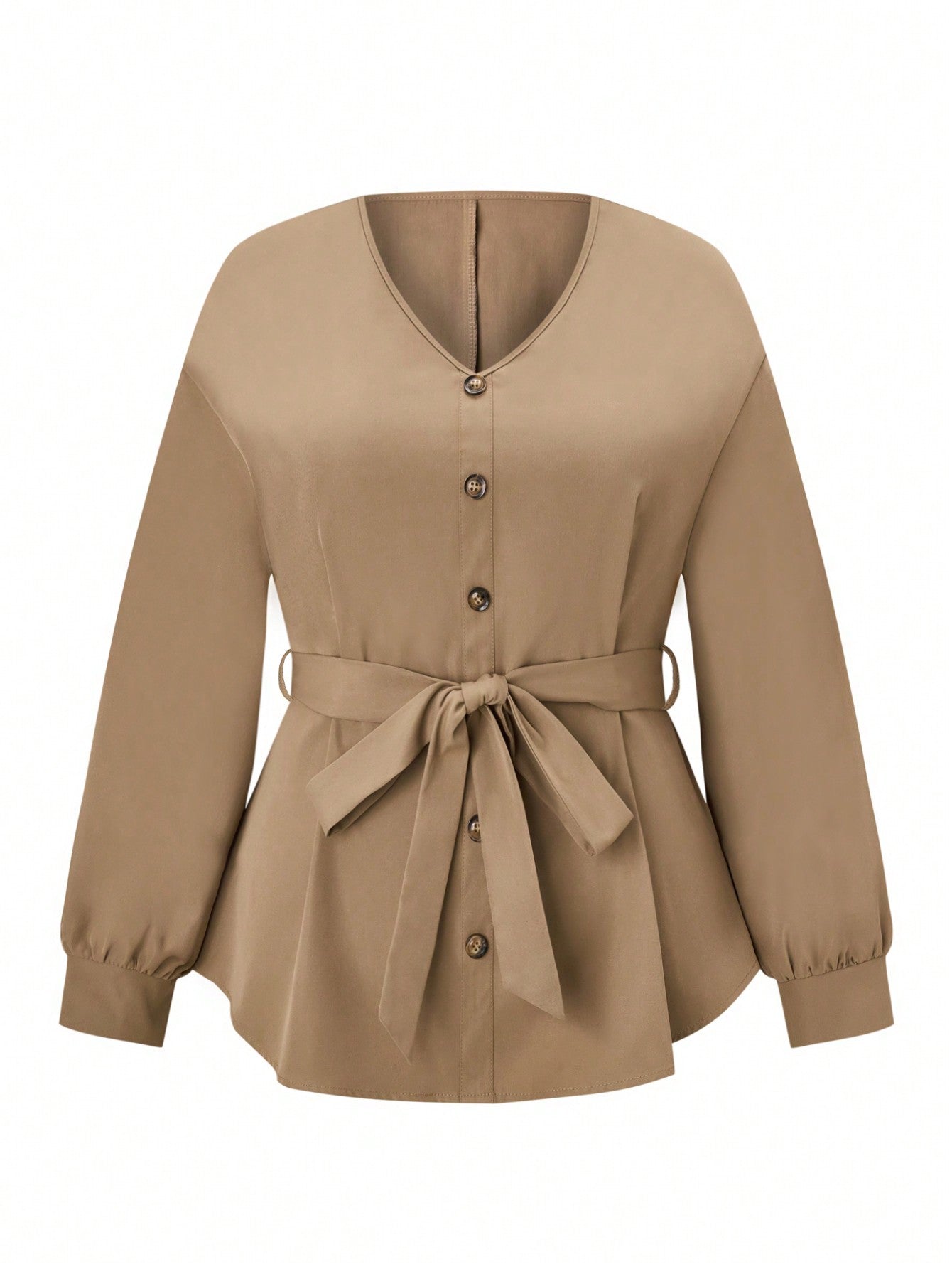 Plus Size Drop Shoulder Button Front Belted Shirt